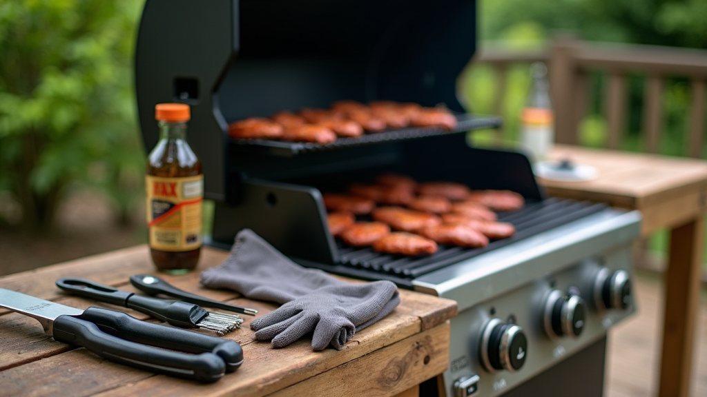 A clean, well-equipped BBQ grill outdoors with essential grilling tools neatly arranged on a rustic wooden table nearby.