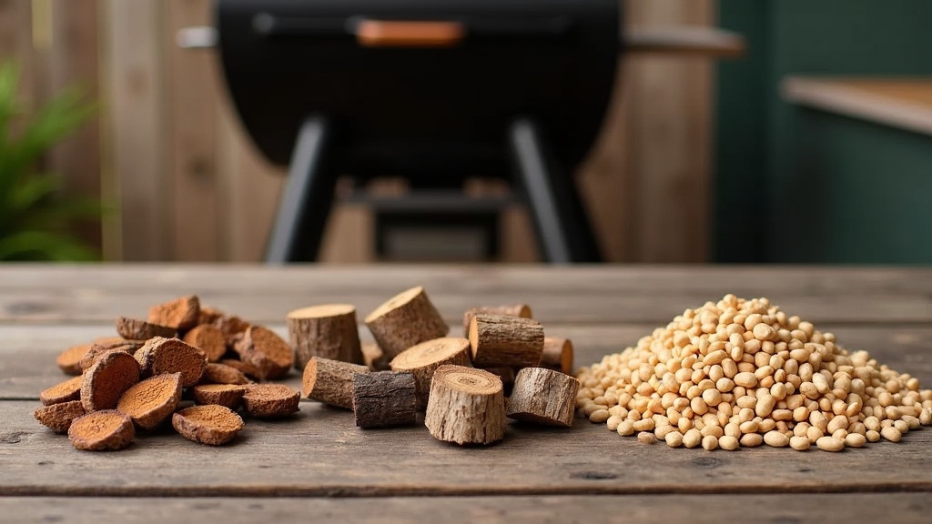 A selection of different wood chips, wood chunks, and pellets laid out on a rustic wooden table with a smoker in the background.