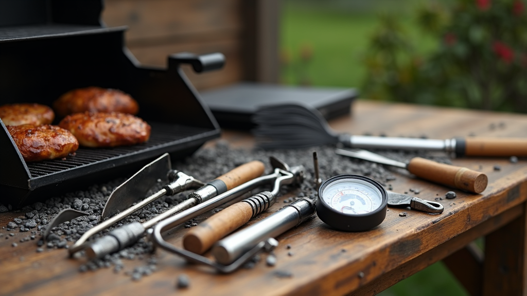 Assorted BBQ tools including tongs, spatula, grill brush, and digital thermometer laying on a wooden table next to a backyard grill.