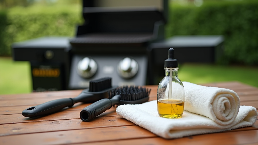 Clean BBQ grill grates and tools on a wooden patio table