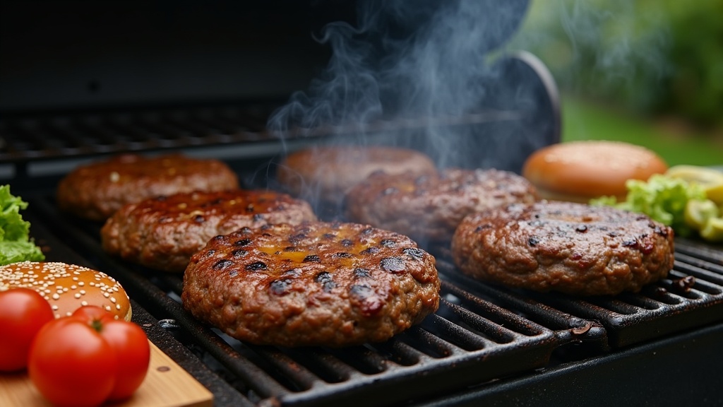 Grilling juicy burgers on a backyard barbecue on a sunny day
